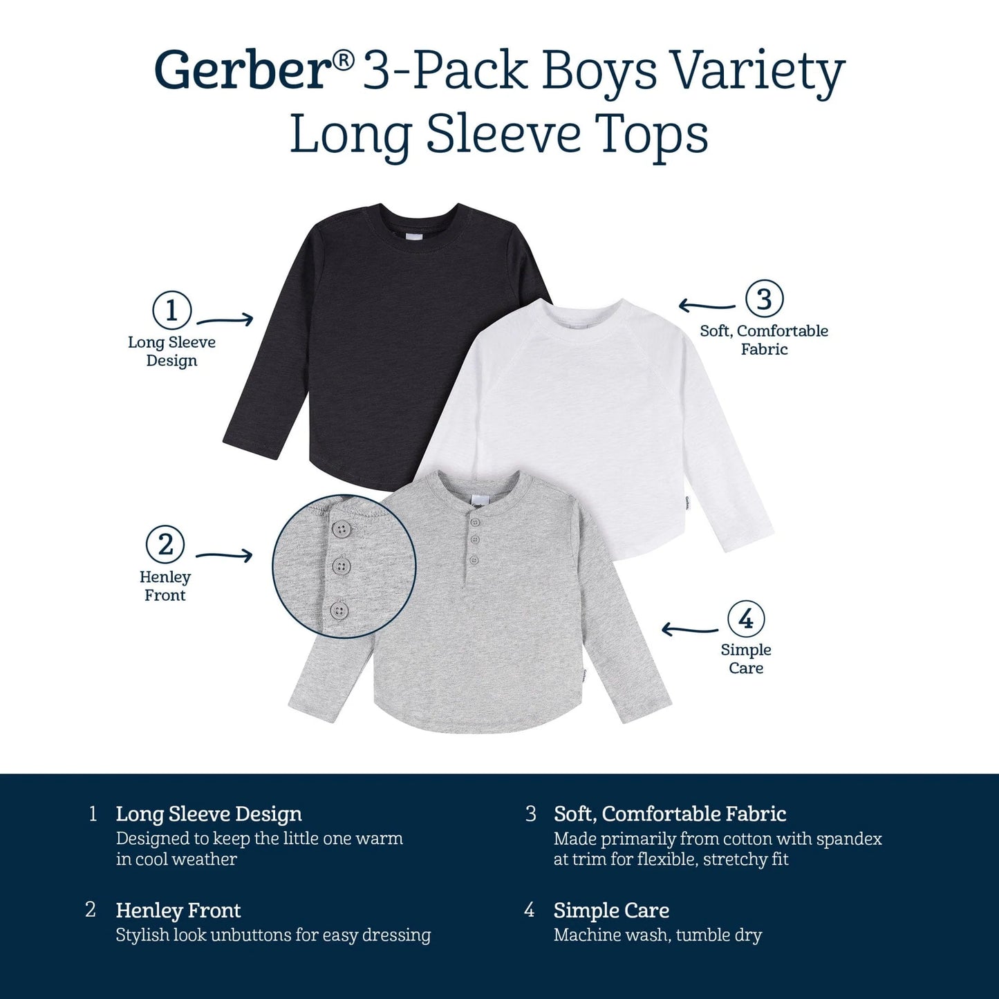3-Pack Boys B/W/G Long Sleeve Shirts