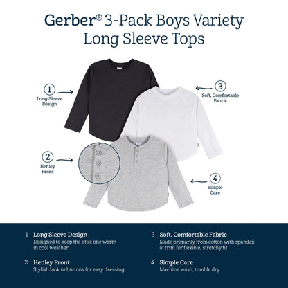3-Pack Boys B/W/G Long Sleeve Shirts