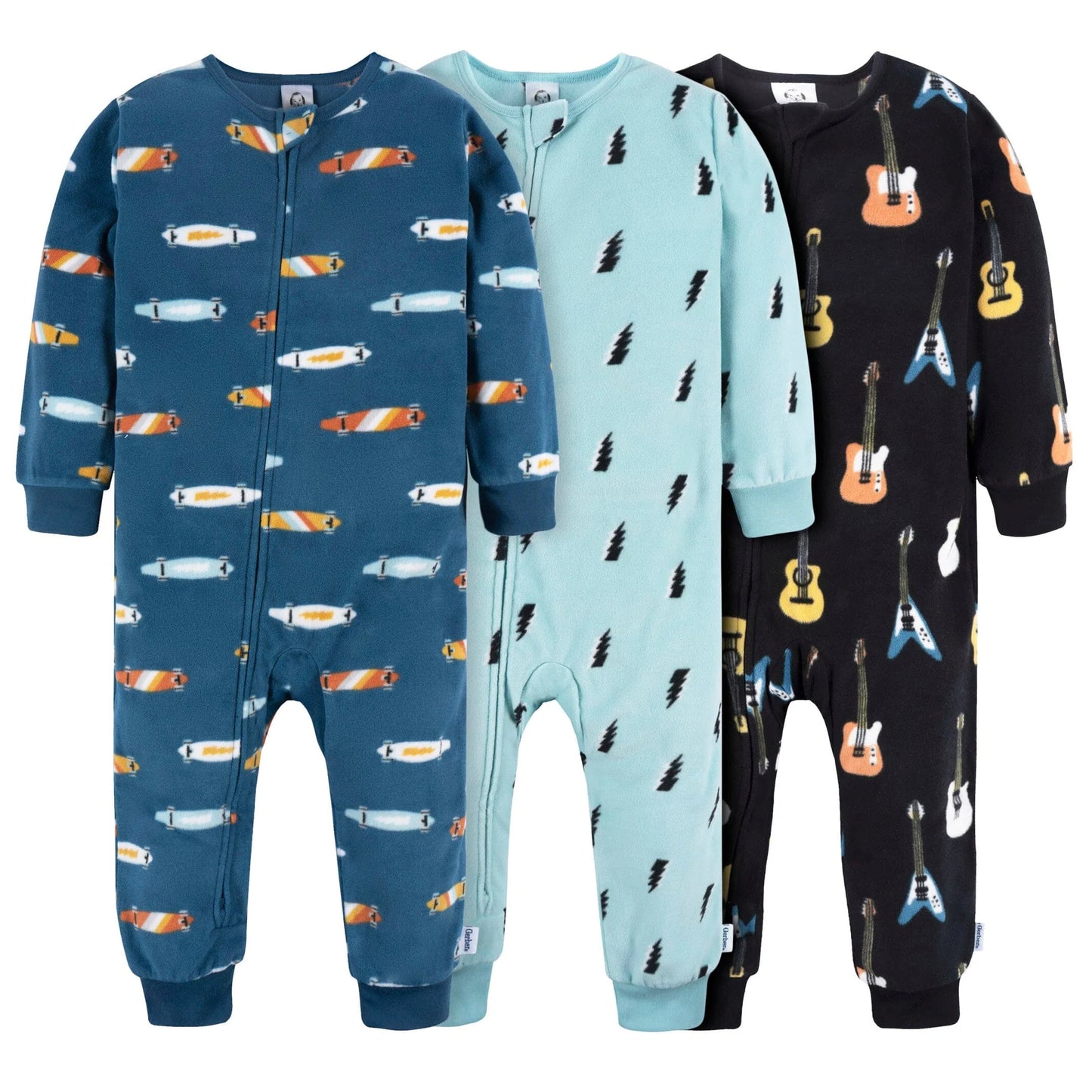3-Pack Boys Skateboards & Guitars Footless Fleece Pajamas