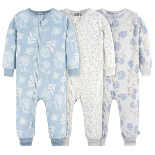 3-Pack Blue Floral Footless Fleece Pajamas Set