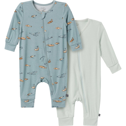 2-Pack Teal Fishing Zip Front Viscose Rompers